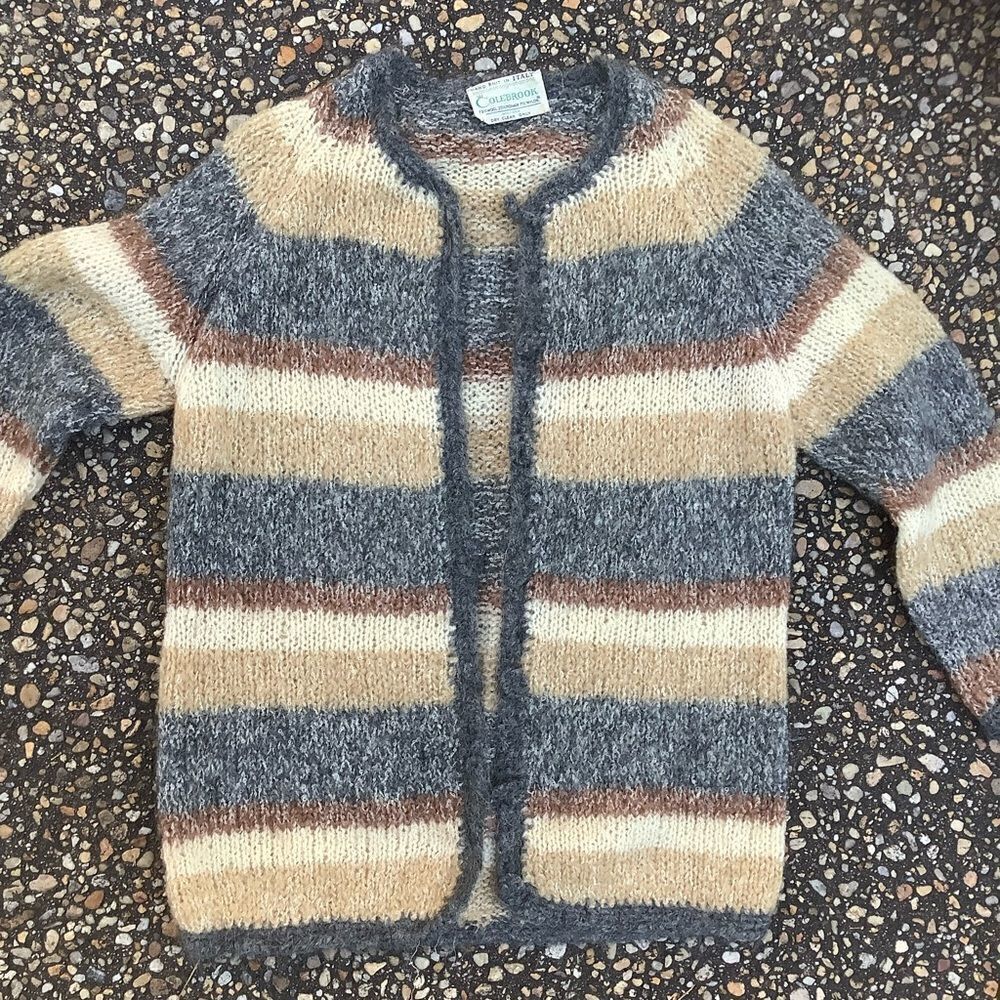 Vintage 1969s hand knit fuzzy mohair striped cardigan Italy long slim small